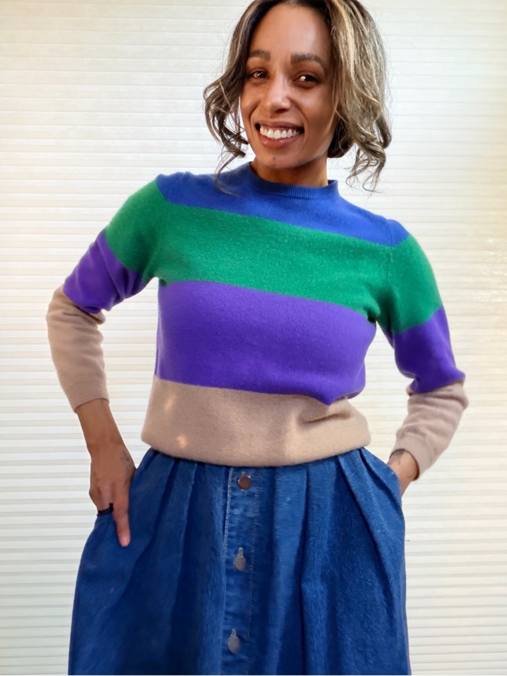 100% Cashmere Color Block Sweater | People’s Republic Soft Knit Retro Pullover